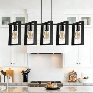 5-Light Island Lights for Kitchen, Rectangular Black Metal Kitchen Island Chandelier 41.3" Adjustable Rustic Modern Dining Room Light Fixtures Over Table, Chandeliers for Dining Room