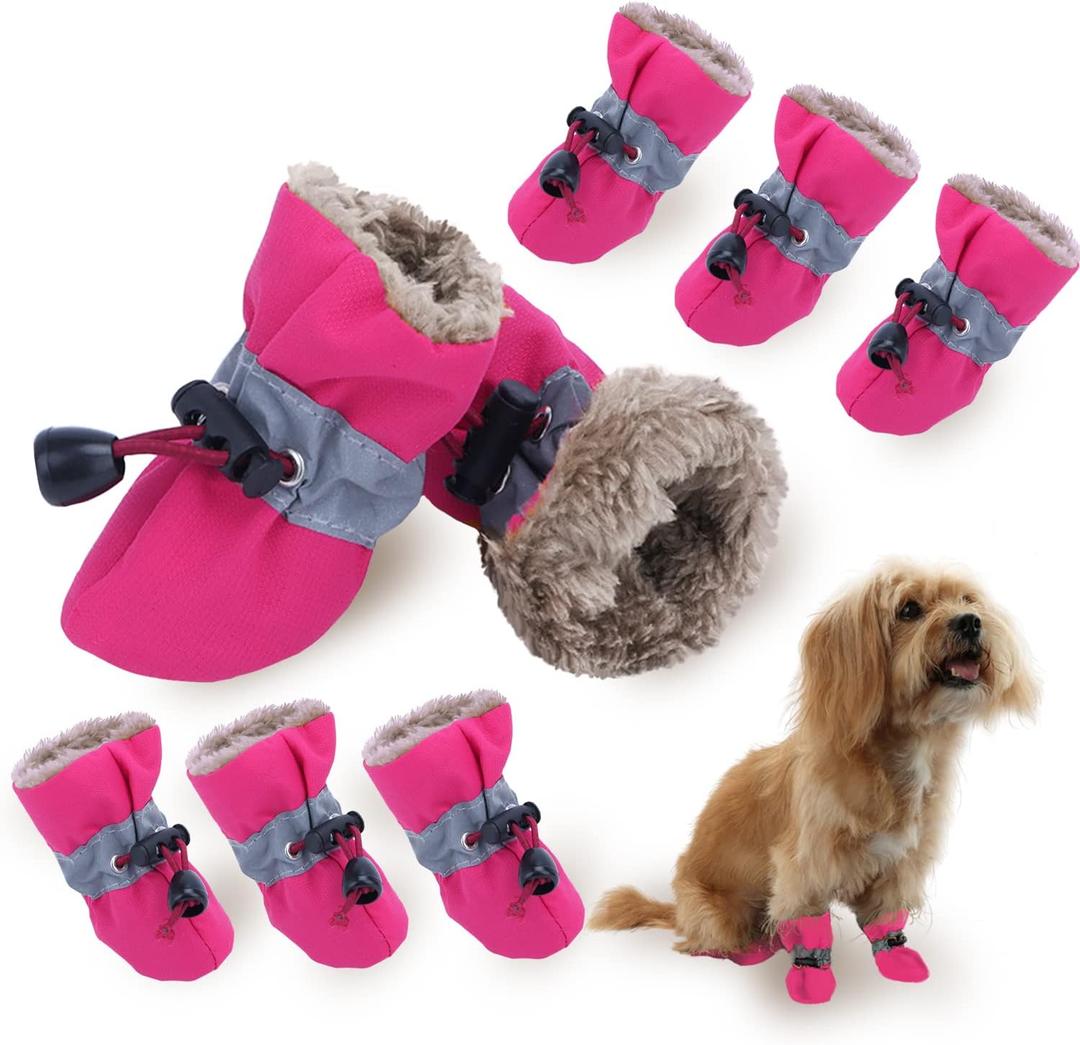 Dog Boots Paw Protectors,Small Dog Winter Boots Shoes,with Anti-Slip Sole and Plush for Warm Snow Outdoor Walking,Pack of 8(Pink+Pink,Size 6)