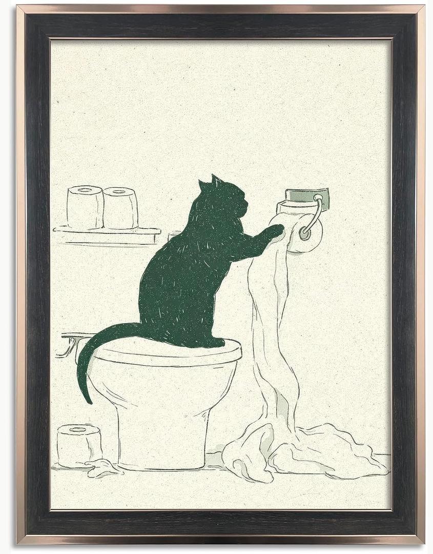 Framed Funny Black Cat Bathroom Wall Art Vintage Sketch Decor Print | Cat With Toilet Paper Painting Poster Humorous Animal Lovers Gift Canvas Picture for Guest Restroom Ready to Hang 8inx10in