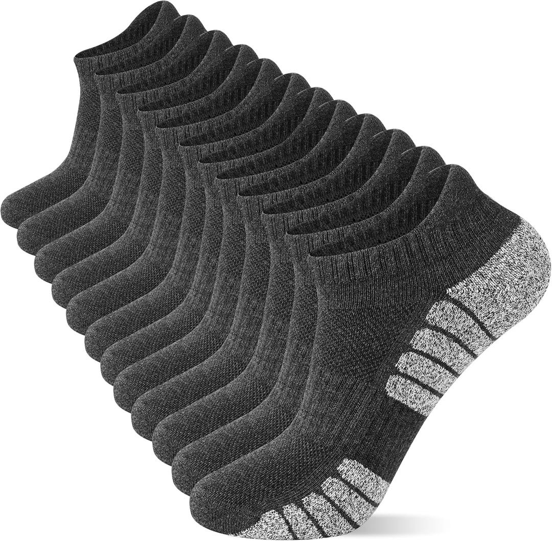 Cotton Cushioned Low Cut Running Socks for Men & Women, Ankle Socks Dark Grey 6 Pairs Arch Support Breathable (Gray)