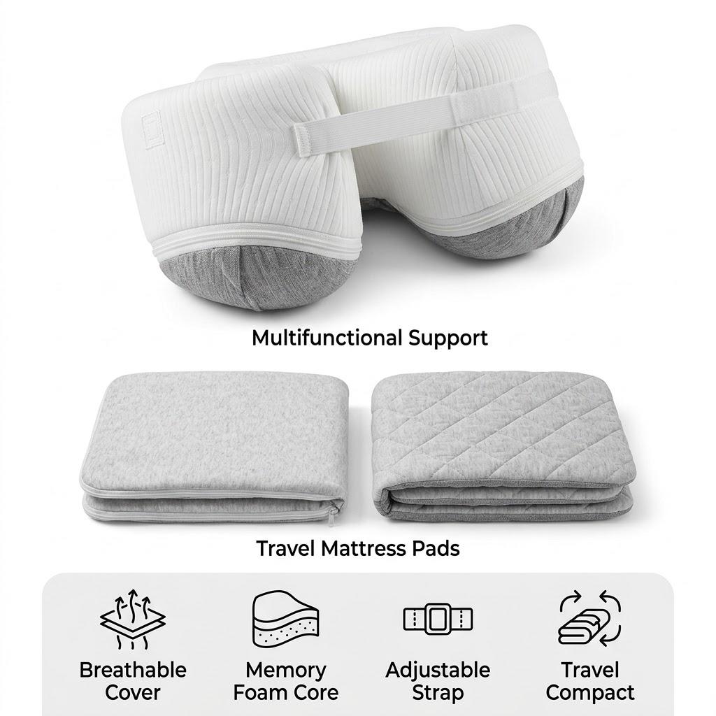 Ergonomic Memory Foam Support Pillow & Travel Mattress Pad Set – Portable Body & Neck Cushion with Adjustable Strap and Breathable Washable Covers, Support Pillow: 14" L × 12" W × 5" H