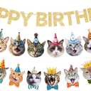 Cat Happy Birthday Banner - Cat Birthday Decorations Party Decor Supplies for Kids, Boys, Girls (Golden Cat 1)