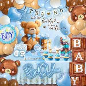 Party SpotBear Baby Shower Decorations Boy,80 pcs Balloons,4 Wood Grain Blocks with Letter,"We can bearly wait" Backdrop,Banner,Tablecloth,Balloon Pump, Blue Brown Bear Theme
