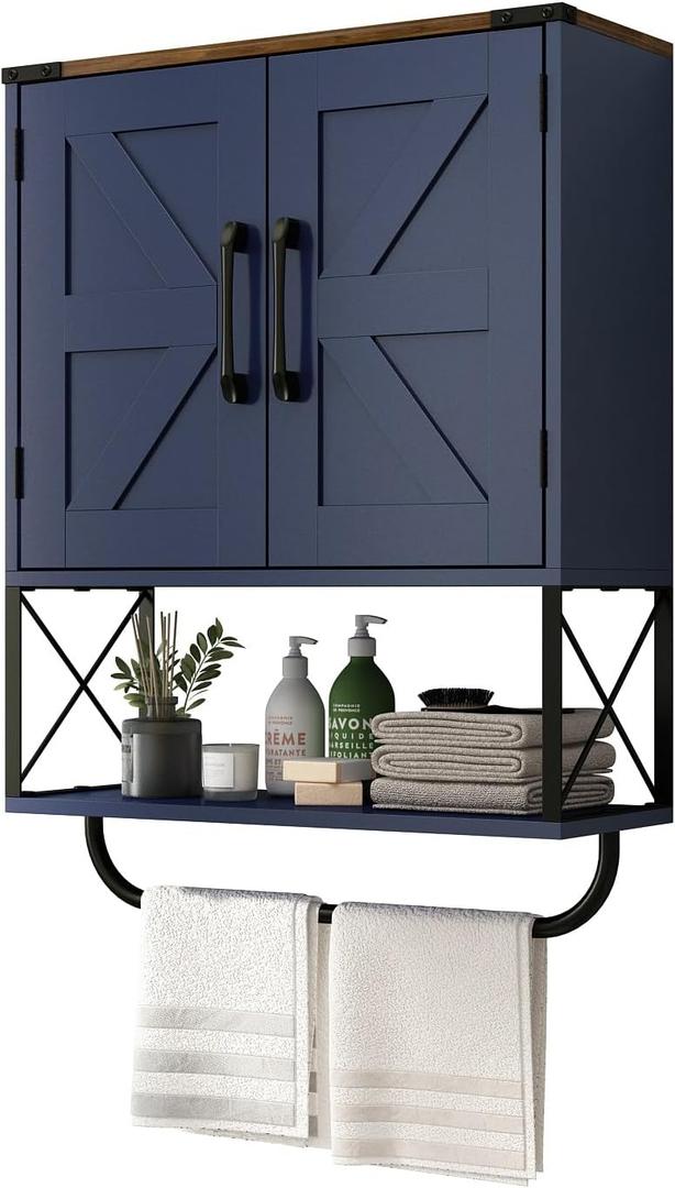 RUSTOWN Farmhouse Medicine Cabinet with 2 Barn Door, Boho Wood Wall Mounted Storage Cabinet with Adjustable Shelf and Towel Bar, 3-Tier Bathroom Cabinet for Bathroom (Navy Blue and Walnut), 19.3 inches x 26 inches x 7.1 inches