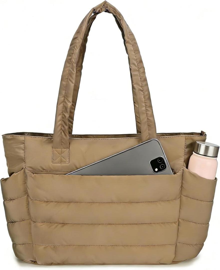 Urbanstand Tote Bag for Women - Lightweight Puffer Tote Work Bags with Compartments, Quilted Shoulder Bag for Nurse, Office, Travel, Gym, Brown
