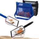 Beach Mesh Shovel with Mesh Shell Bags, Kids Filter Sand Scooper for Picking Up Shells,Shark Tooth Sifter Dipper for Boys and Girls,Beach Toys Accessories (Sapphire Blue+Black)