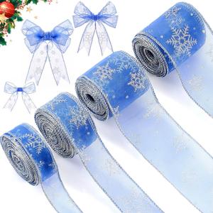 Waydress 4 Rolls 24 Yards Christmas Blue Wired Ribbon 1.0,1.5,2.0,2.5 Inch Snowflake Glitter Wired Organza Sheer Metallic Edge Decorative Wrapping Craft Ribbons for Xmas Tree Home