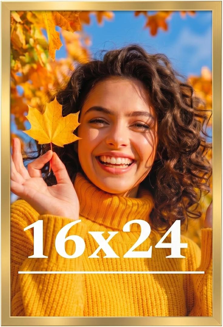 16x24 Picture Frame for Wall Display, 16x24 Gold Picture Frame with Shatter Resistant Plexiglass, Stable and Sturdy 16 x 24 Poster Frame for Wall Display, Handpicked Gift Collection, 1 Pack