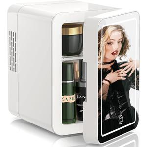 KEENSTAR Mini Skincare Fridge (4L/6 Can) with Dimmable LED Mirror, Cooler & Warmer for Bedroom, Cosmetics, Office, Dorm and Car, Portable Personal Refrigerator for Cosmetics, Skincare and Food, White