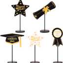 2026 Graduation Decorations, 5Pcs Black Gold White Wooden Table Centerpieces Decor Include Grad Cap Diploma Star Supplies Medal Sign, of Congrats Graduation Day Class Party Decoration.
