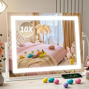 Vanity Mirror with Lights 22"x18", Lighted Makeup Mirror with 10X Magnification, Smart Touch 3 Colors Dimmable, 360 Rotation, Women Gift, Dresser Mount, Bathroom (White)
