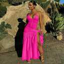 Women’s 2 Piece Maxi Skirt Set Halter Bodysuit Summer Beach Vacation Outfit (Pink, Large)