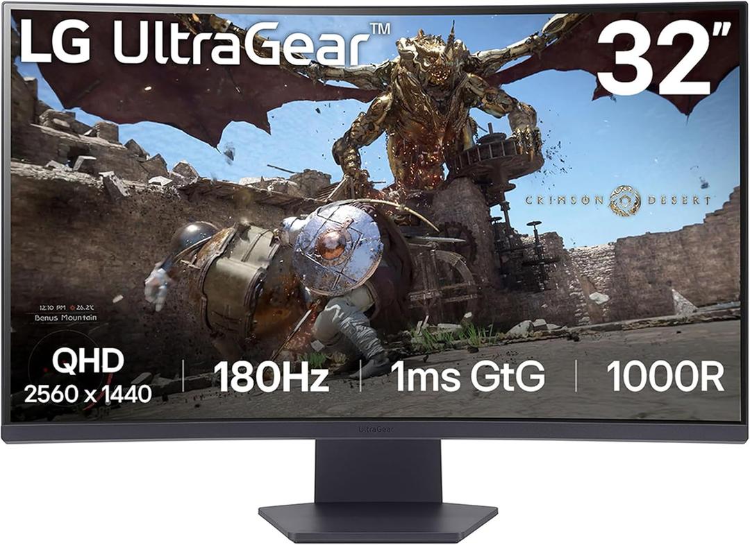 LG 32GS60QC-B Ultragear 32-inch Curved Gaming Monitor QHD (2560x1440) 180Hz 1ms 1000R AMD FreeSync HDR10 HDMIx2 DisplayPort Borderless Design Black Stabilizer DAS Crosshair FPS Counter - Black