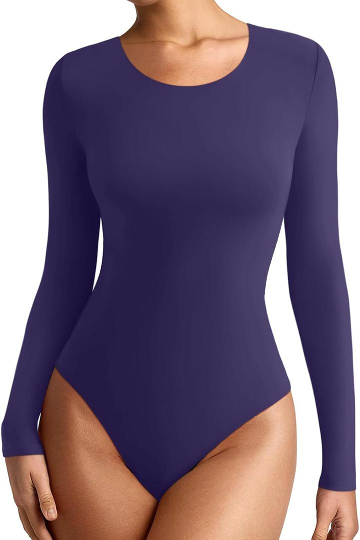 REORIA Womens Long Sleeve Bodysuits Fall Basic Round Neck Lightweight Double Lined Layering Slim Body Suit Tops (Blue, L)