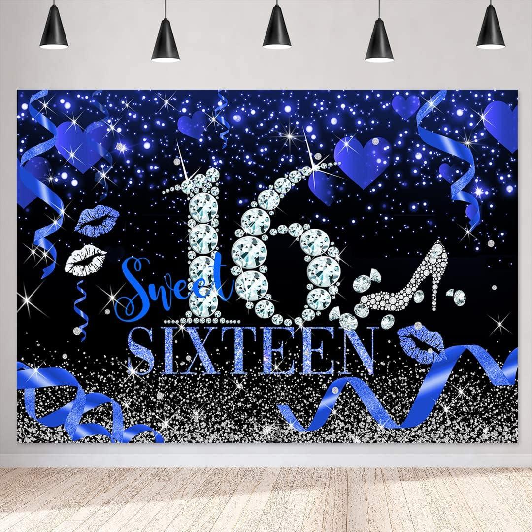 Sensfun Blue and Silver Sweet 16 Birthday Backdrop Glitter Bokeh Hearts Sweet Sixteen Background Princess Girls 16th Birthday Party Decorations Cake Table Banner 7x5ft