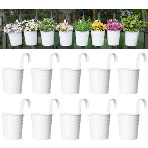 Dahey 10 Pcs Hanging Flower Pots Metal Iron Bucket Planter for Railing Fence Balcony Garden Home Decoration Flower Holders with Detachable Hooks, White, 5 inches