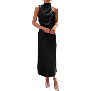 PRETTYGARDEN Women's 2026 Summer Satin Dress Elegant Sleeveless Mock Neck Cocktail Party Maxi Dresses (Large, Black)