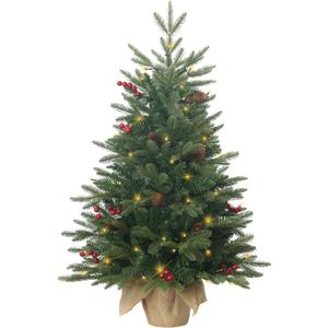 3ft Pre-Lit Mini Christmas Tree,Artificial Xmas Tree with 185 PE & PVC Mixed Branch Tips & 12 Red Berries & 10 Pinecone & 70 LED String Lights & Burlap Wrapped Base for Tabletop Desk,Battery Operated