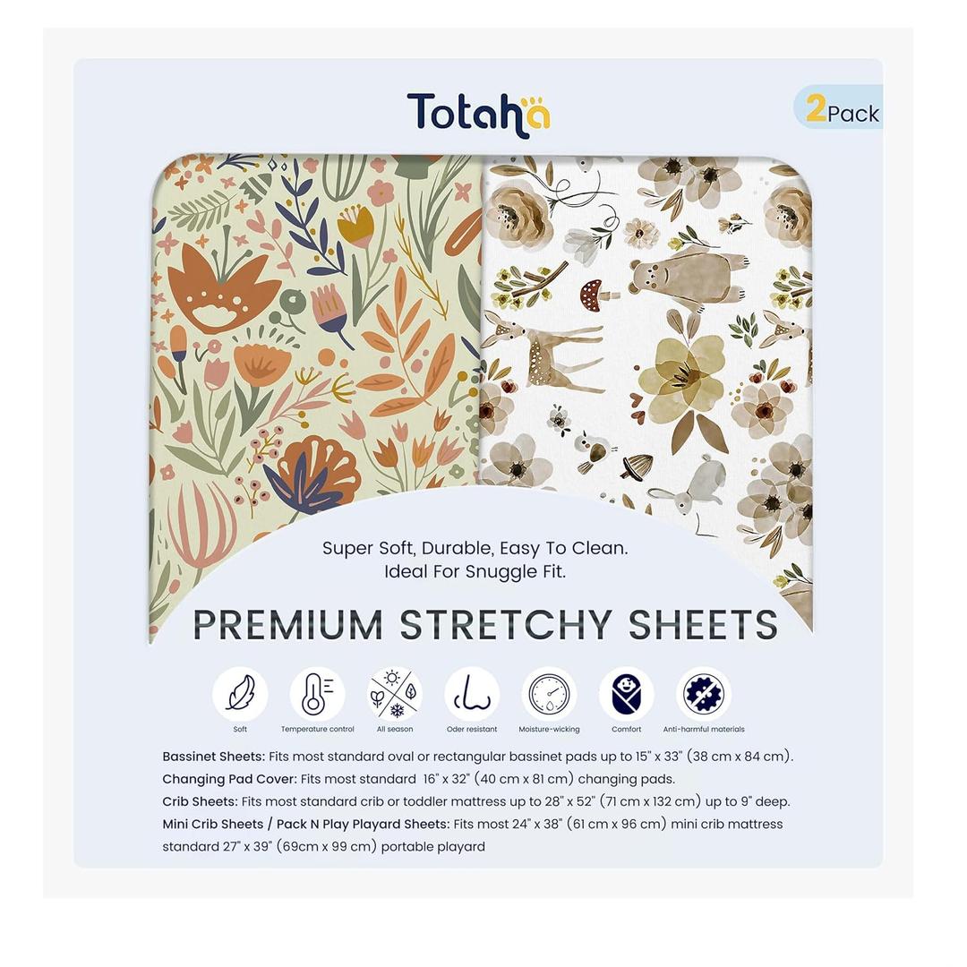 TotAha Premium Soft Bassinet Sheet for Boy Girl, Super Stretchy Jersey Knit Bassinet Fitted Sheet for Halo, Maxi COSI, Mika Micky, SNOO, and Other Bassinet, 2 Pack (Botanical Garden & Cute Bear)