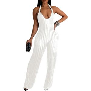 Summer Halter Backless Jumpsuits for Women Sexy See Through V Neck Tie Pleated One Piece Wide Leg Long Pants Romper (Medium, White)