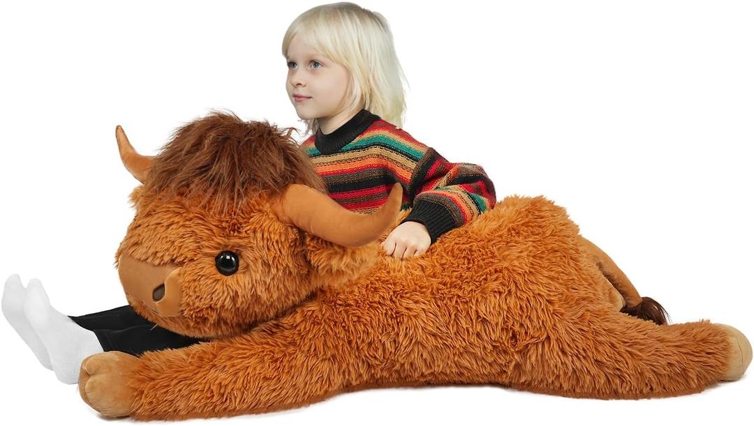 38.5 Inch Brown Giant Highland Cow Plush Stuffed Animal - Large Cow Pillow Gift for Kids and Adults, Couch & Bed Decor