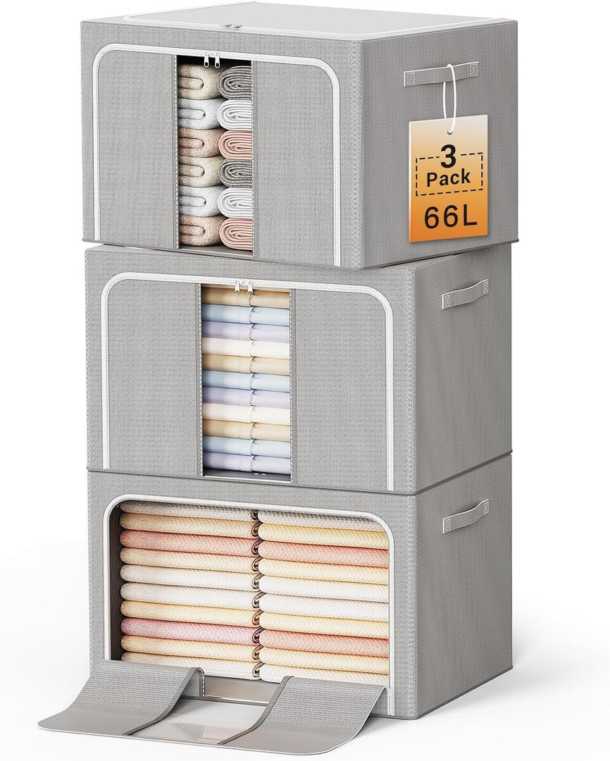 2 x Clothes Storage Bins with Metal Frame Foldable Storage Box Clothes Organizers Storage Containers for Clothes Sheets Blankets Books Toys Gifts and Holiday Decorations (66Lx3 Pack)