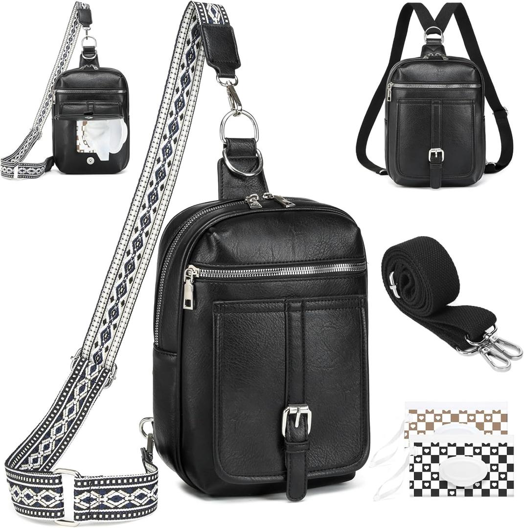 Sling Bag Crossbody Backpack - 2 in 1 Leather Cross Body Bag Fanny Pack with 2 Removable Straps (Big Black)