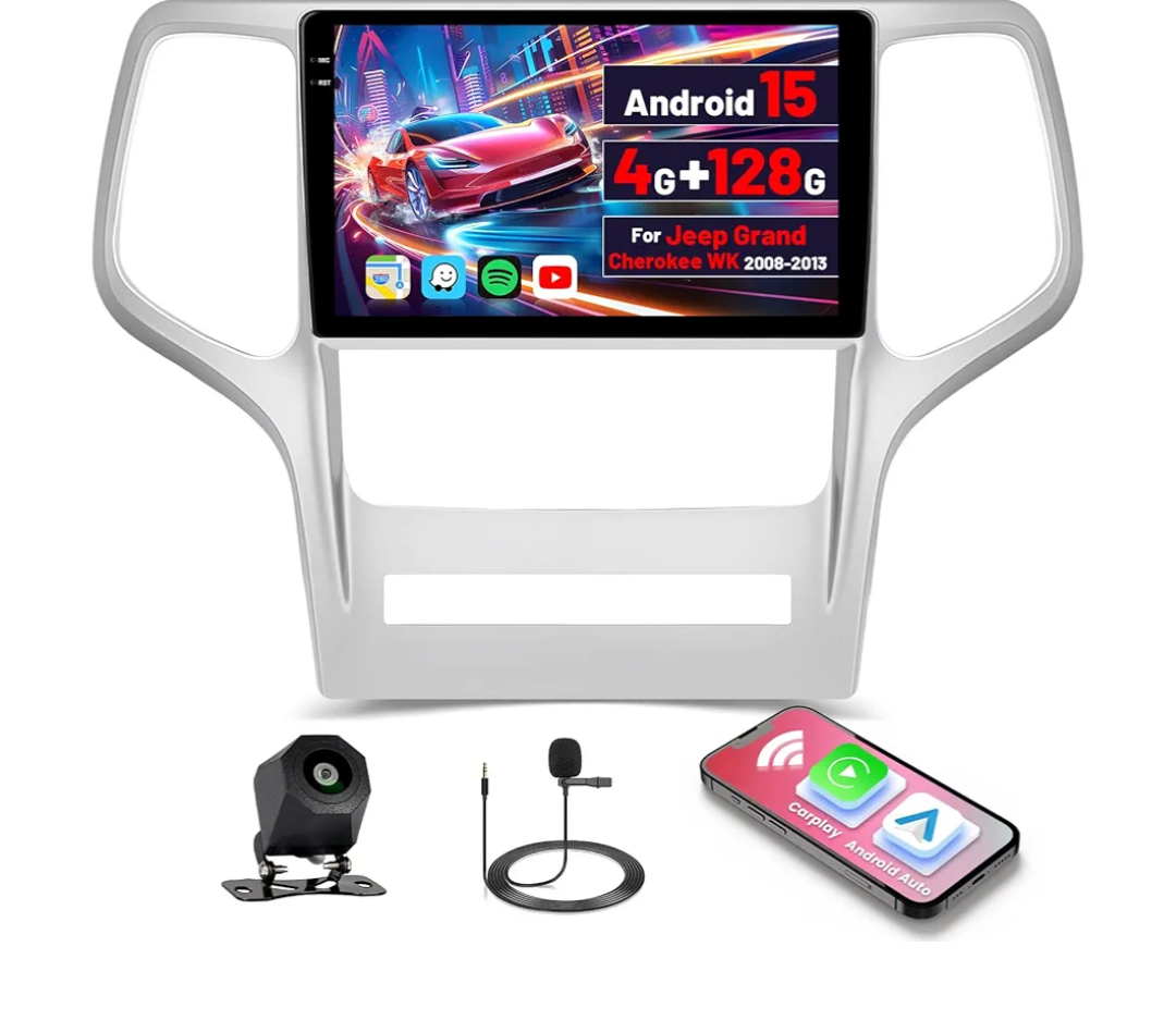 Android 15 Car Radio for Jeep Grand Cherokee WK 2008-2013 with Wireless Carplay/Android Auto, 9 Inch HD Touchscreen Car Stereo With GPS WiFi Bluetooth FM/RDS EQ SWC Backup Camera