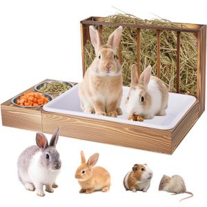 3 in 1 Rabbit Hay Feeder with Litter Box and 2 Bowls, Bunny Feeder Guinea Pig hay Rack Holder & Litter Box for Chinchilla Hamsters Guinea Pig Rabbit Bunny Small Animals (Brown)