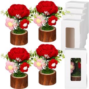 4 Pcs Handmade Rose Crochet Rose Bouquet Knitted Creative Potted Plant Handmade Crochet Flowers Creative Thank You Gifts for Mother's Day Never Wilt Artificial Flower