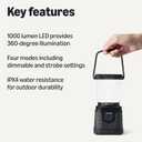 Amazon Basics Camping Essentials Lantern, 360-Degree 1000 Lumen LED, Adjustable Dimmable with 4 Lighting Modes, Water Resistant IPX4, Black (Batteries Not Included)