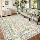 6x9 Area Rugs, Washable Floral Area Rugs for Living Room, Indoor Area Rug for Bedroom, Dining Room, Low Pile Non-Slip Non Shedding Rug(Beige Floral)