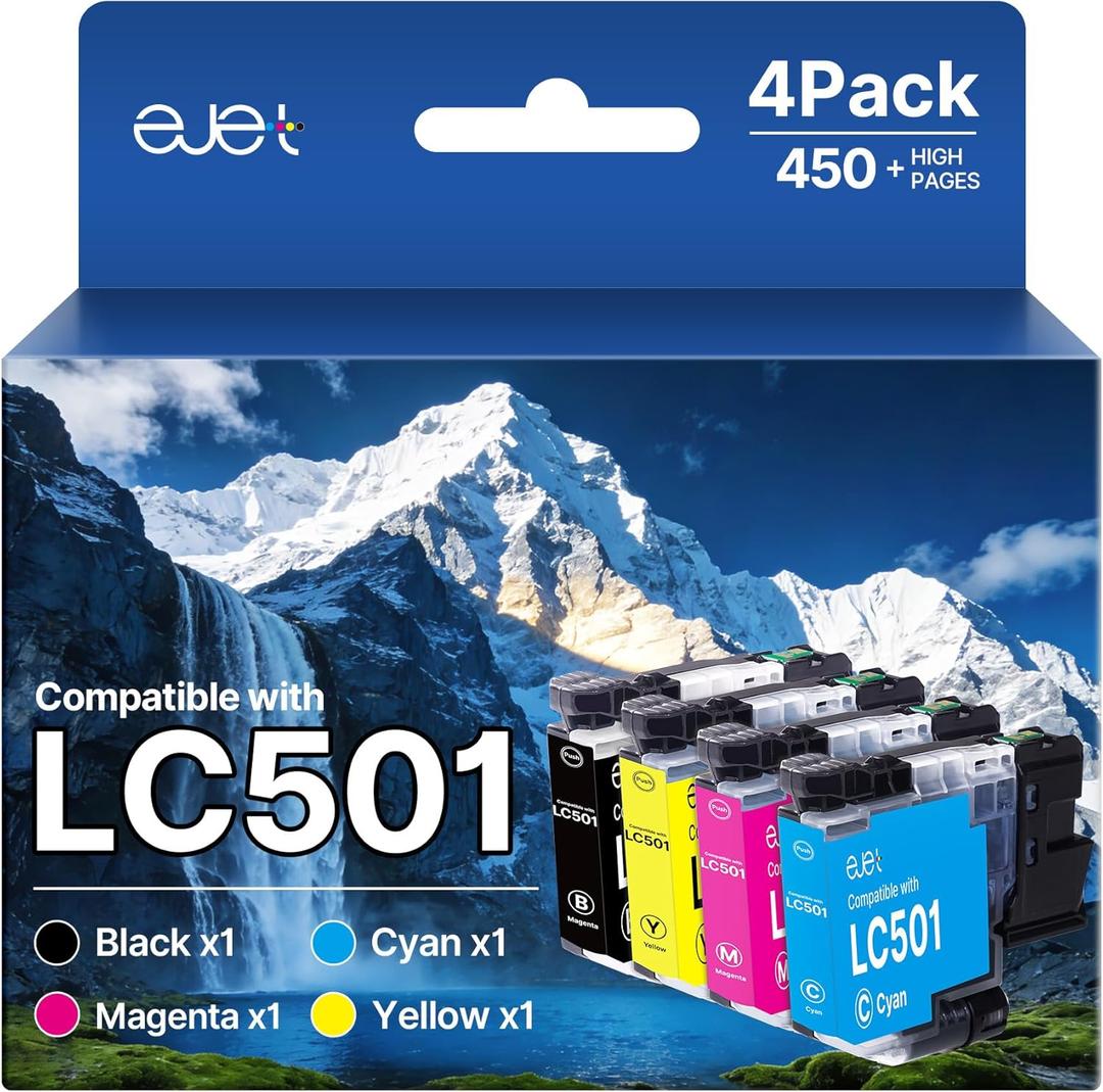 ejet LC501 Ink Cartridges LC501XL for Brother MFC-J1360DW Ink Cartridges Compatible with LC501 Ink Cartridges for Brother Printer MFC-J1360DW MFC-J1410DW MFC-J1260DW 4 Pack, Black Cyan Magenta Yellow