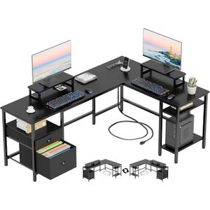 Furologee 66 L Shaped Desk with Power Outlet, Reversible Computer Gaming Desk with File Drawer & 2 Monitor Stands for Home Office with Storage Shelves, Black