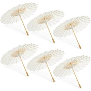 Juvale Parasol Umbrella Set - 6-Pack, 16 in Paper & Poplar Wood, White - Sun Umbrella for Garden Parties, Tea Party Decorations, & Weddings