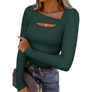 REORIA Women Ribbed Long Sleeve Cutout Tops (Green)