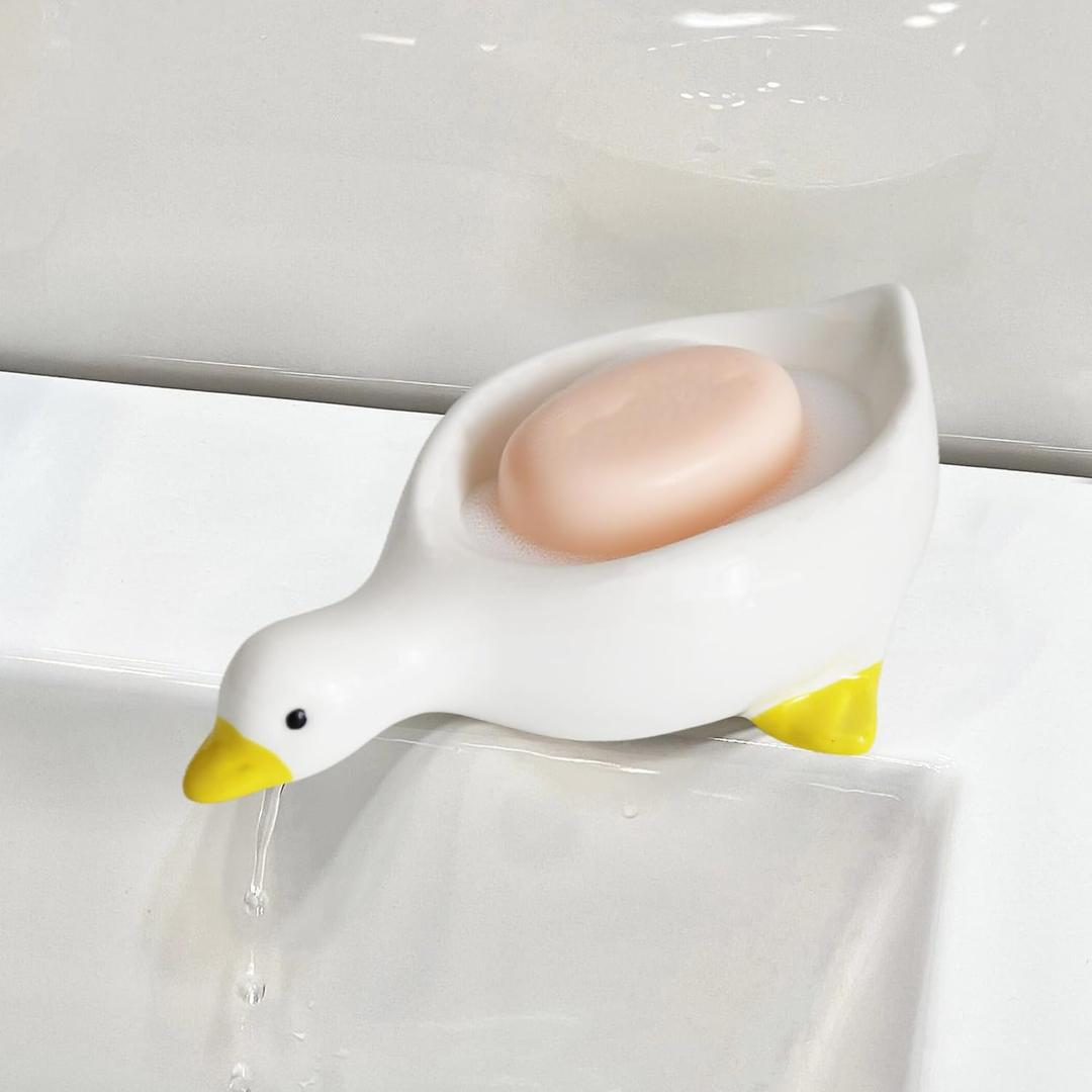 Cute Duck Ceramic Soap Dish with Drainage, Self-Draining, Non-Slip & Easy - Clean, Ceramic Soap Holder for Bathroom Kitchen, Ideal for Soap Sponge, Trinkets, Bathroom Decor Gift