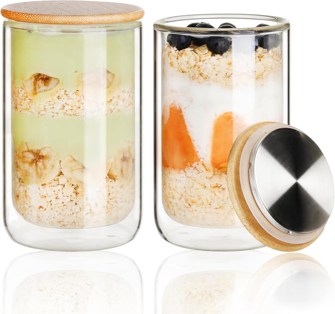 LIBWYS 2 Pack Overnight Oats Containers with Bamboo & Stainless Steel Lids, 15oz Meal Prep Jars - Double Walled High Borosilicate Glass jars for Overnight Oats, Chia Pudding & Salad