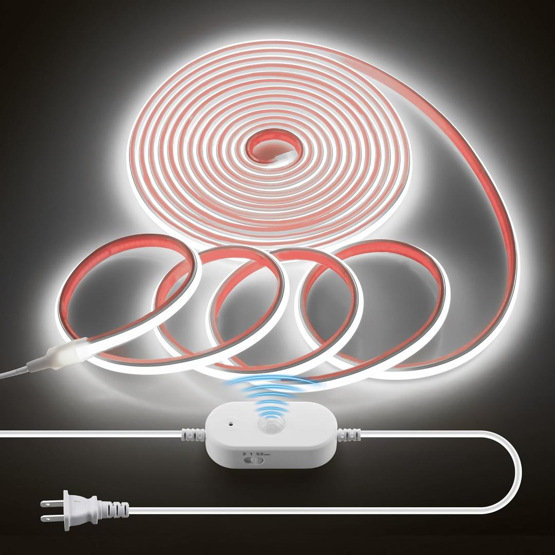 Waterproof Motion Sensor COB LED Light Strip 20FT Cold White 6000K AC 110V 288LEDs/M Super Bright Time-Delay Adjustable Flexible Plug In Motion Activated Led Strip Light for Cabinet Under Bedroom