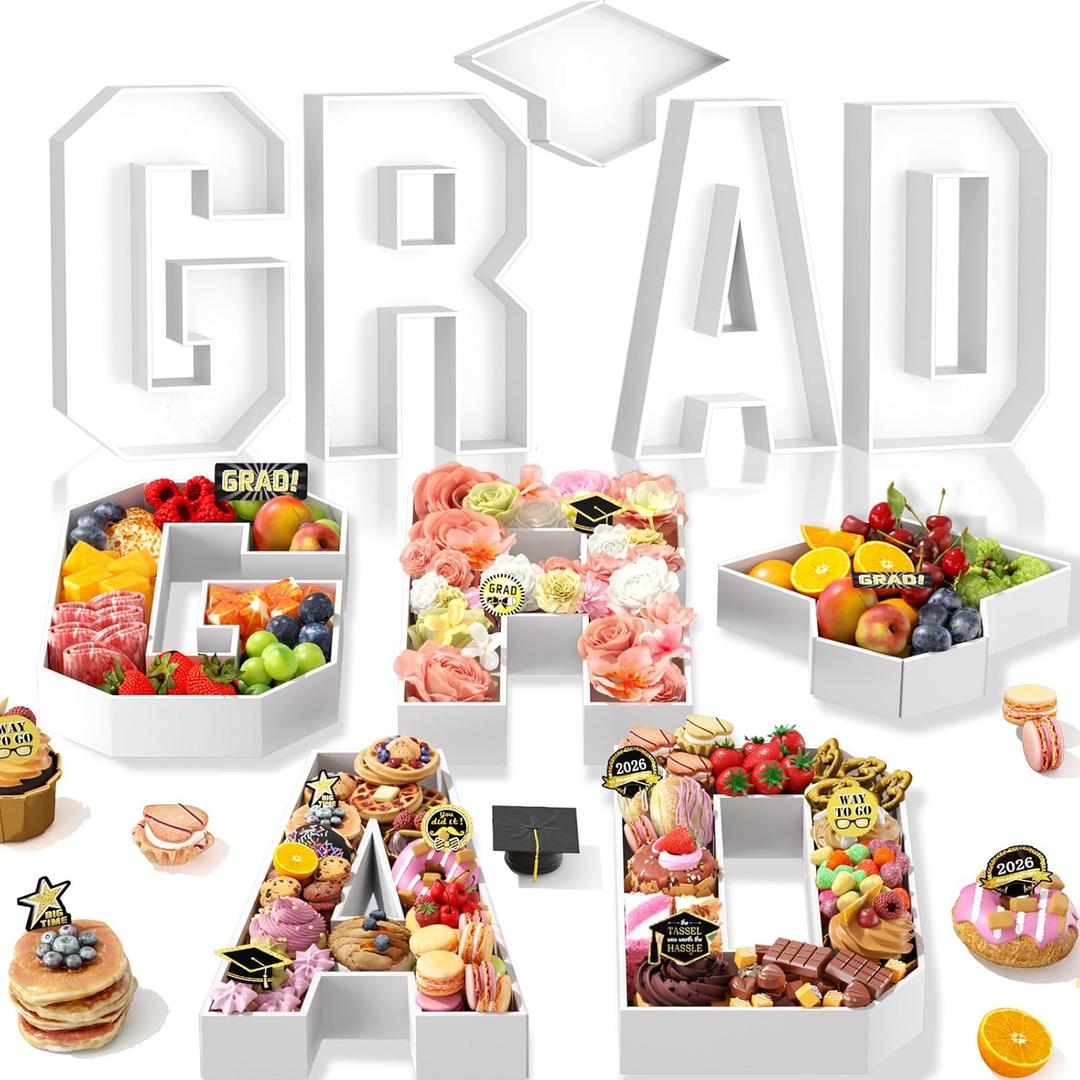 Grad Charcuterie Letters Fillable, 13.78'' White Grad Cardboard for Charcuterie, Graduation Letter Tray with Doctoral Cap for Chocolate Flowers Cupcakes Box, Class of 2026 Graduation Decorations