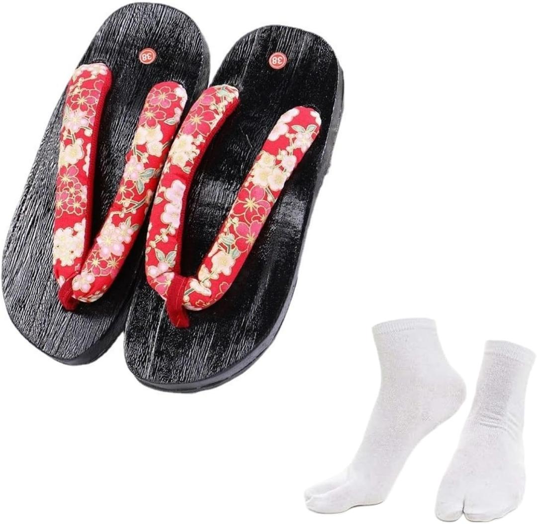 Anime Cosplay Women Japanese Wooden Clog Versatile Geta Sandals Traditional Kimono Slippers Flip Flops (Red Flower) 37