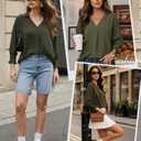 Cuffbow Women Blouses Dressy Casual V Neck 3/4 Length Sleeve Tops Business Work Blouses Office Tunic Shirt with Smocked Cuffs(Green,Small) (Green, S)