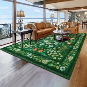 Area Rugs for Living Room, Washable 5x7 Vintage Rug for Bedroom, Non-Slip Floral Carpet for Home Office Nursery Dining Room Kitchen, Green