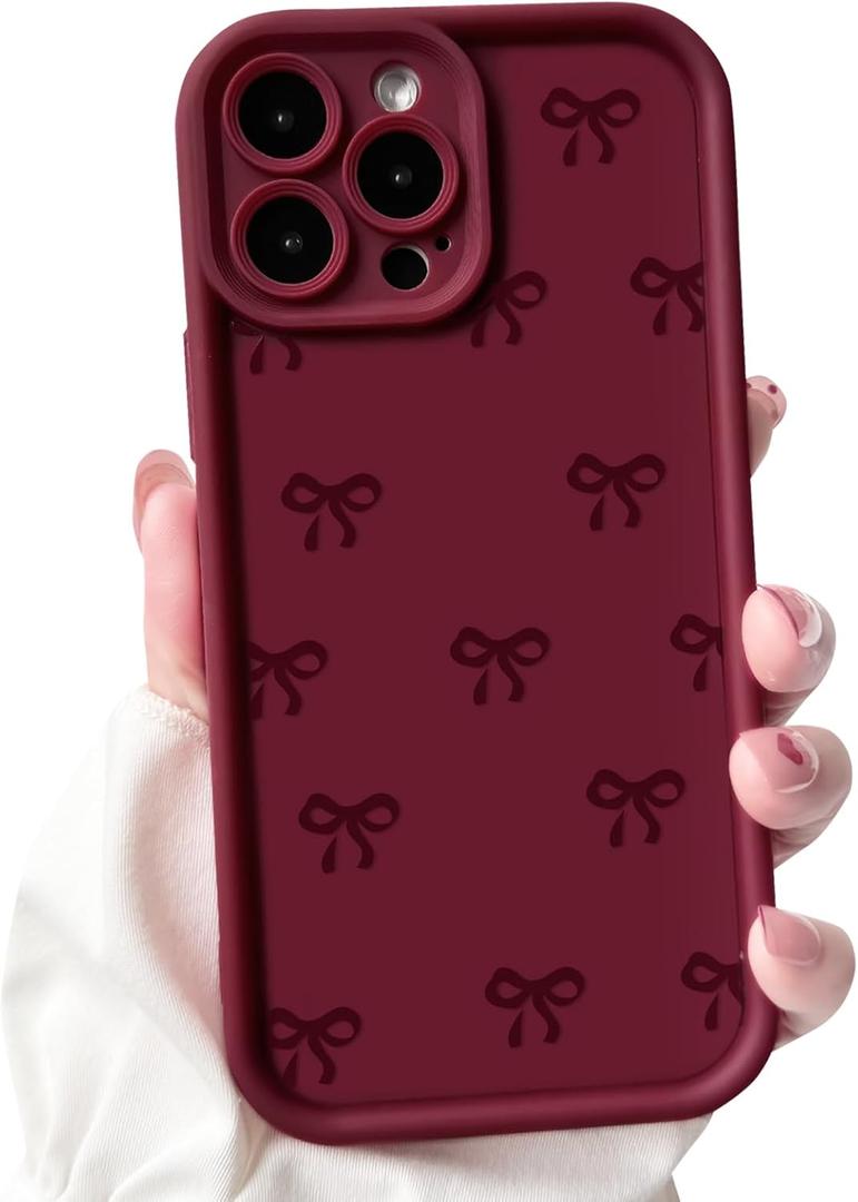 NITITOP Compatible with iPhone 15 Pro Case Cute Stylish Bow Knot Ribbon Design for Women Girls Artistic Bowknot Soft TPU Shockproof Protective Full Camera Protection Cover - Wine Red
