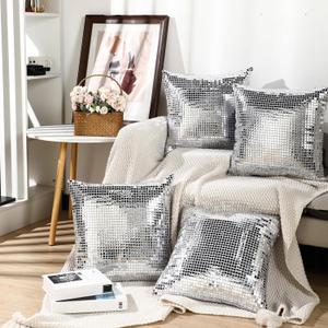 4 Pcs Silver Disco Ball Pillow Covers 18x18 Inch Sequin Glitter Decorative Pillowcase Shiny Couch Throw Pillow Cover Cushion Case for Home Bed Living Room Sofa Birthday Wedding Party Decor (17.7" x 17.7" (Pack of 4))