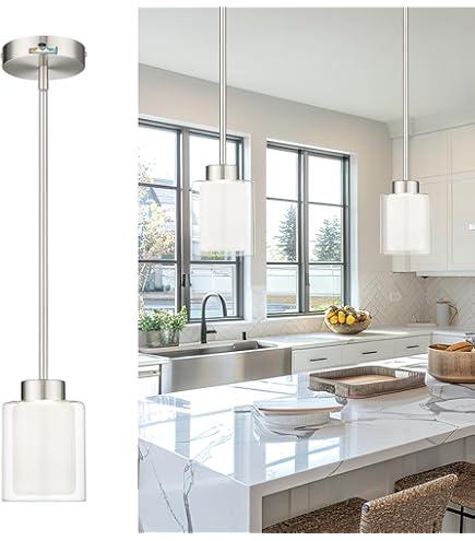 kudos Pendant Light Fixtures,Brushed Nickel Modern Led Pendant Lights with Clear Glass and Milk Glass,Hanging Pendant Lighting for Kitchen Dining Room,3000K/4000K/5000K Adjustable,KDPL06-BN (1 Pack)
