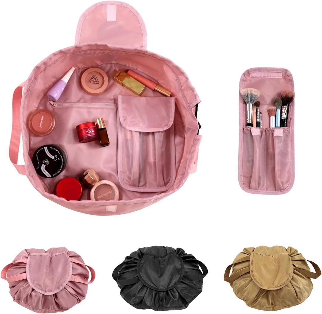 Drawstring Cinch Makeup Bag for Women - Drawstring Cosmetic Bag for Travel Toiletry Organizer with Brush Area (Pink)