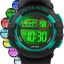 DTKID Digital Kids Watch 30 M Waterproof, 7 Color Lights Time Teaching Watch Easy to Read for Girls Boys 5-16 (Black-green)