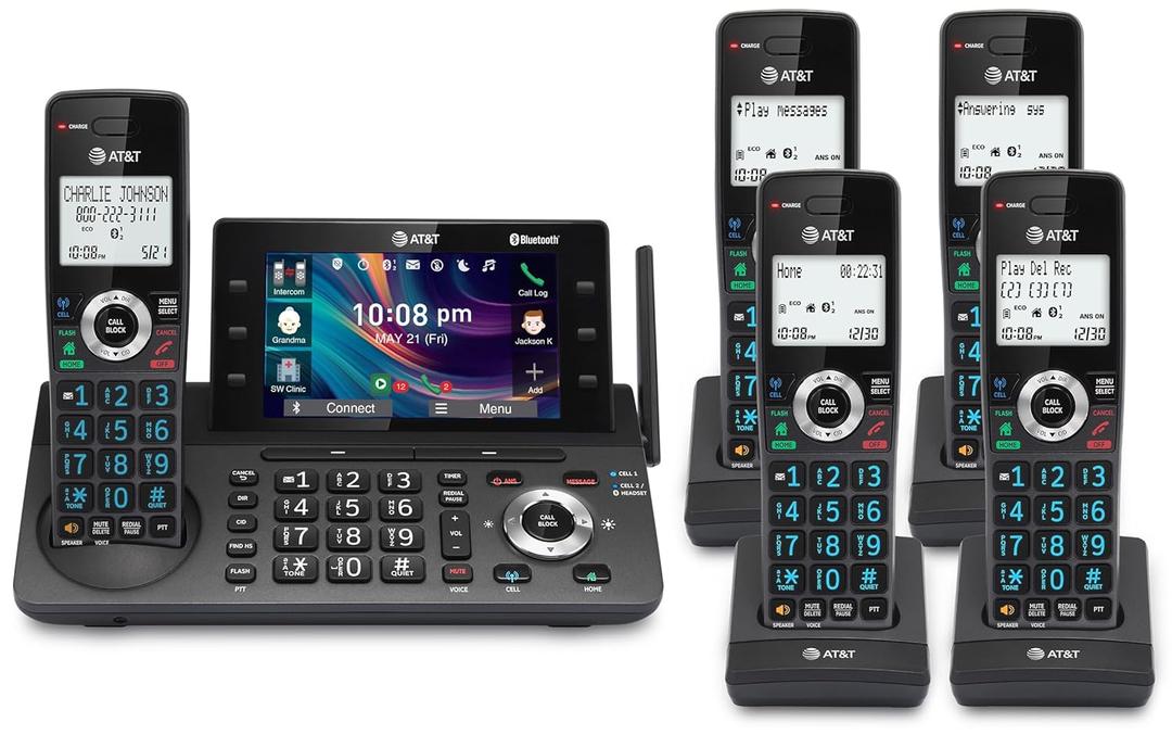 AT&T 5-Handset DECT 6.0 Cordless Home and Business Phone with Answering Machine, 5" Color Display, One-Touch Shortcut, Conference, Intercom, Smart Call Blocker, Bluetooth Connect to Cell: DLP73590