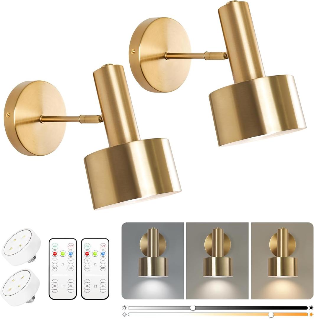 Battery Operated Wall Lights Set of 2, Wireless Battery Powered Wall Sconce, Modern Metal Indoor Wall Lamp, Dimmable with Remote, Suitable for Living Room Bedroom Golden-Like Brass Finish